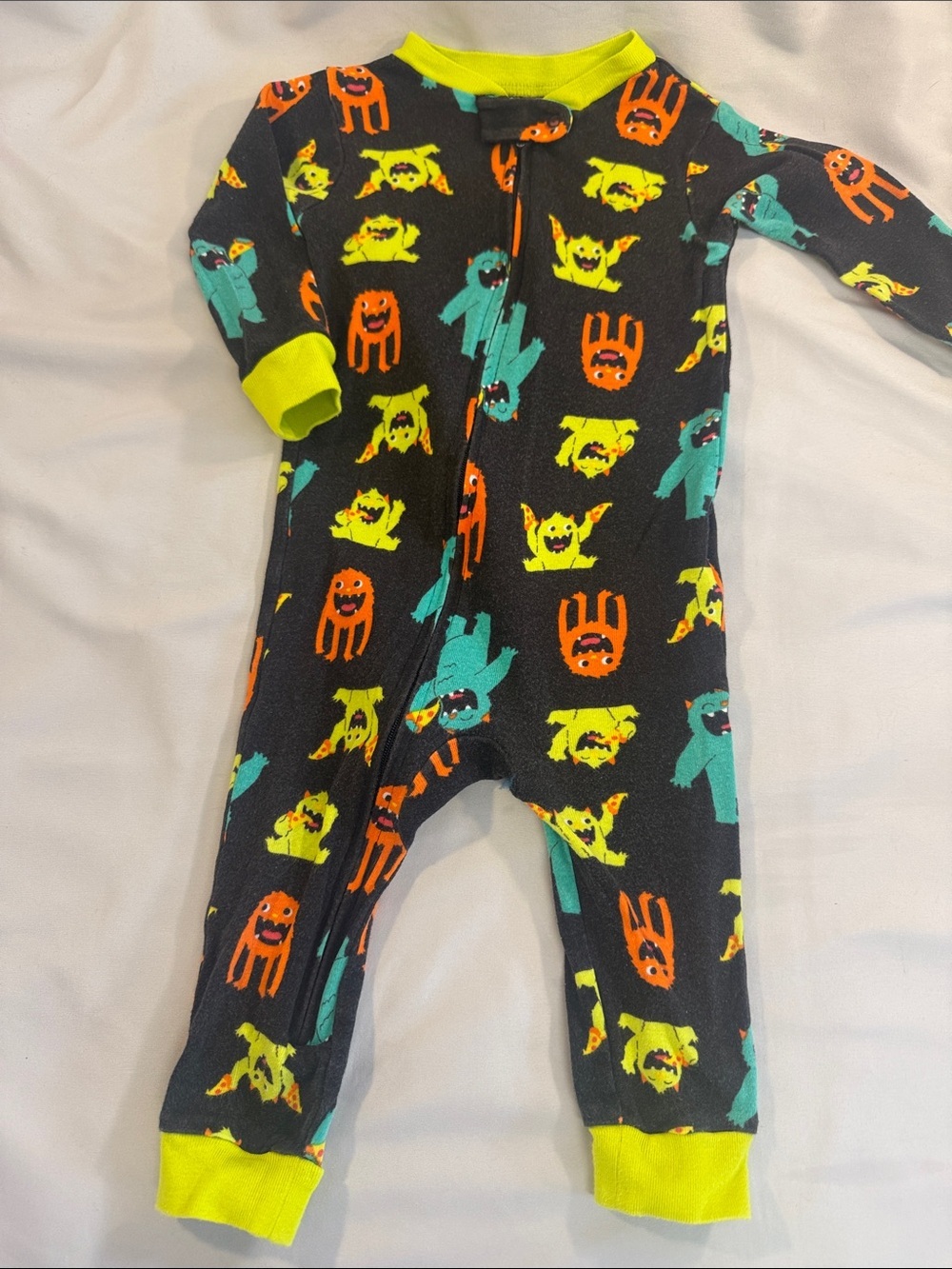 Neon Trim Black Monster-Print Kids Footed Pajamas